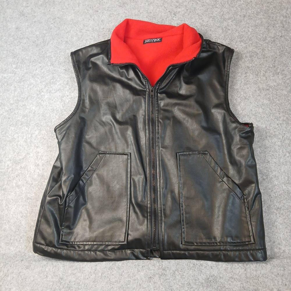Street Magic Faux Leather Vest‎ Mens Large Black Red Fleece Lined Biker Full Zip